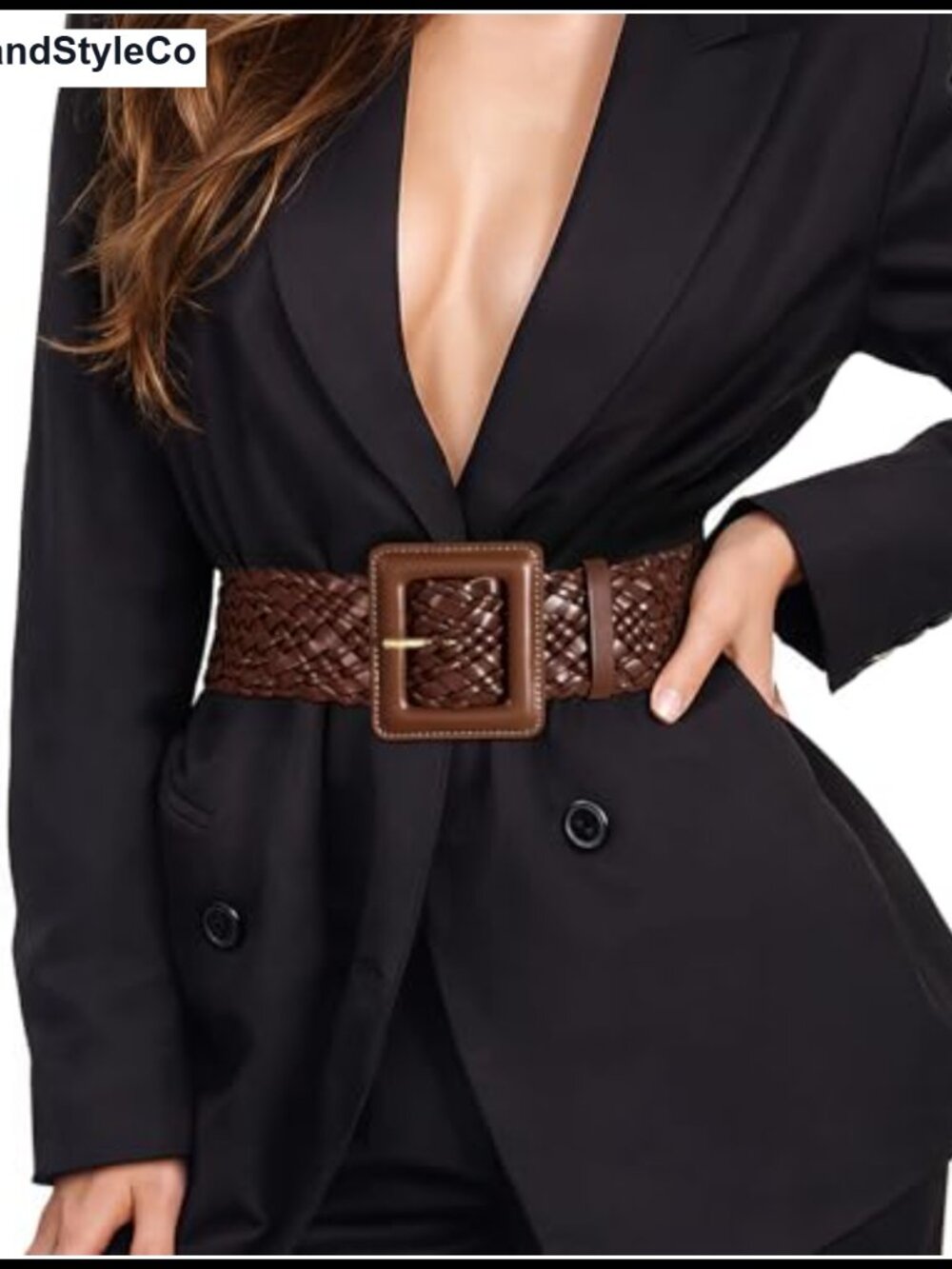 Women's Wide Braided Leather Belt Square Buckle Woven Waistband